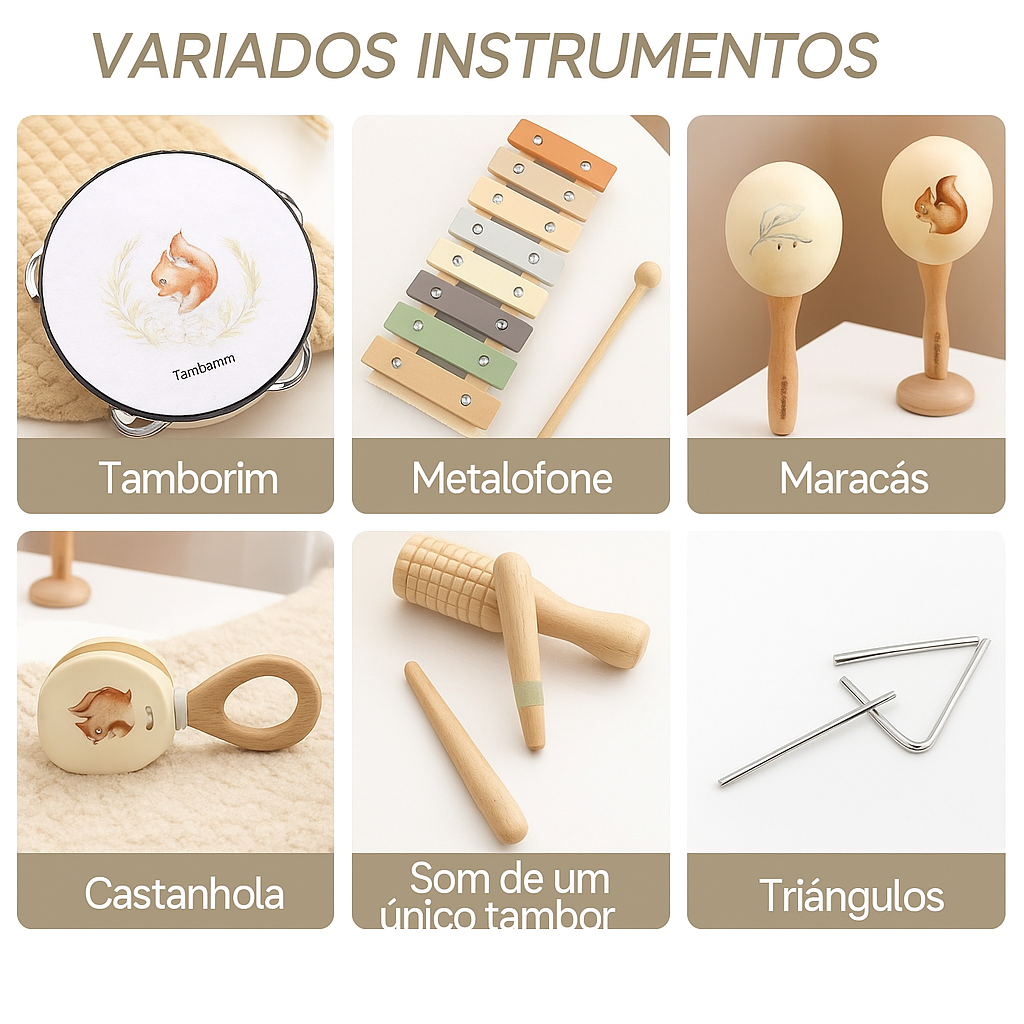 Instrumentos Musicais Montessori – Kit de Madeira para Estímulo Sensorial